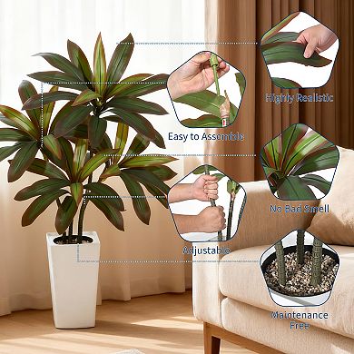 Real Touch Artificial Dracaena Tree with Multi-Tonal Trunks,White Tall Planter and Decorative Stones