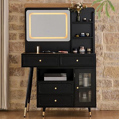 KWPZQEB Retractable Makeup Vanity Desk Set with Mirror & Light, Dressing Table with Stool & Cabinet