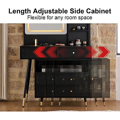 KWPZQEB Retractable Makeup Vanity Desk Set with Mirror & Light, Dressing Table with Stool & Cabinet