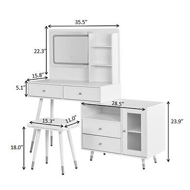 KWPZQEB Retractable Makeup Vanity Desk Set with Mirror & Light, Dressing Table with Stool & Cabinet