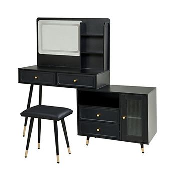 KWPZQEB Retractable Makeup Vanity Desk Set with Mirror & Light, Dressing Table with Stool & Cabinet