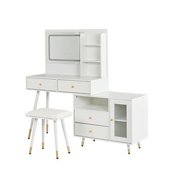 KWPZQEB Retractable Makeup Vanity Desk Set with Mirror & Light, Dressing Table with Stool & Cabinet