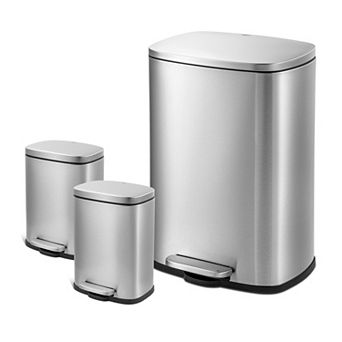 Qualiazero 50L/13.2 Gallon + 5L/1.3 Gallon x2 Rectangular Stainless Steel Step Can Combo Set