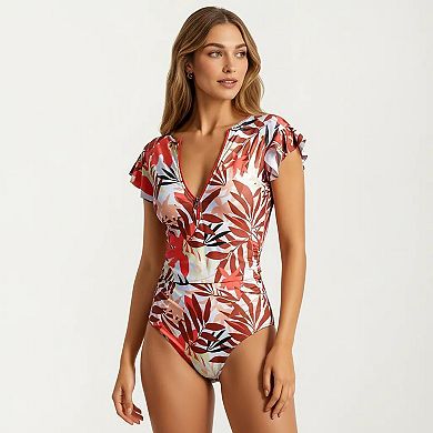 Women's One Piece Swimsuit with Flutter Sleeves and Half Zip V Neck Design