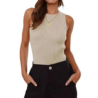 Womens Ribbed Sleeveless High Neck Casual Slim Fitted Basic Knit Shirts