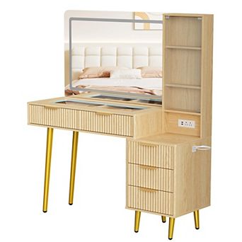 Fluted Makeup Vanity Desk with LED Lighted Mirror & Power Outlet 5 Drawers, Glass Top