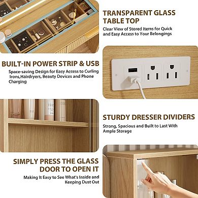 Fluted Makeup Vanity Desk with LED Lighted Mirror & Power Outlet 5 Drawers, Glass Top