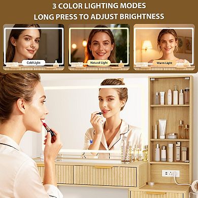 Fluted Makeup Vanity Desk with LED Lighted Mirror & Power Outlet 5 Drawers, Glass Top