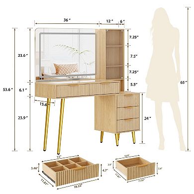Fluted Makeup Vanity Desk with LED Lighted Mirror & Power Outlet 5 Drawers, Glass Top