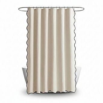 84" Scalloped Linen Shower Curtain, Heavy Duty Washable & Waterproof with Black Border, Cream Beige