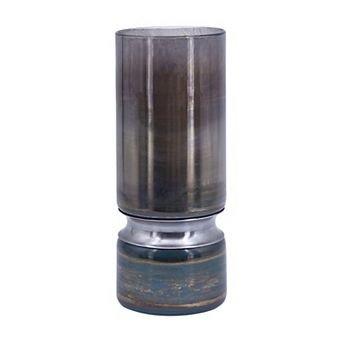 TOEMOA Contemporary Smokey Blue Glass Vase with Chrome Accent Hourglass Shape