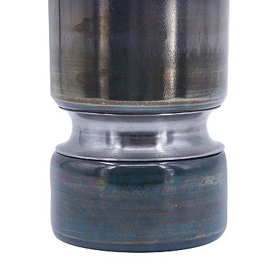 TOEMOA Contemporary Smokey Blue Glass Vase with Chrome Accent Hourglass Shape