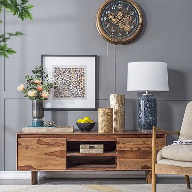 TOEMOA Contemporary Smokey Blue Glass Vase with Chrome Accent Hourglass Shape