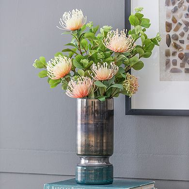 TOEMOA Contemporary Smokey Blue Glass Vase with Chrome Accent Hourglass Shape