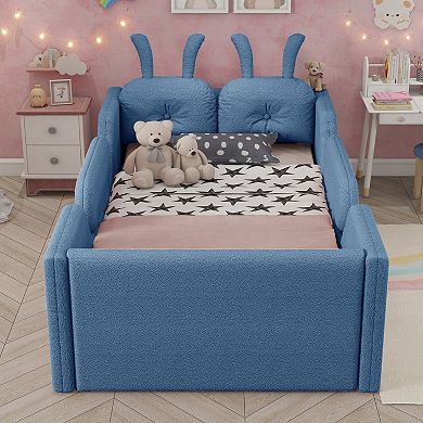 GOODSILO Twin Size Upholstered Floor Bed with Removable Safety Rails and Cushions