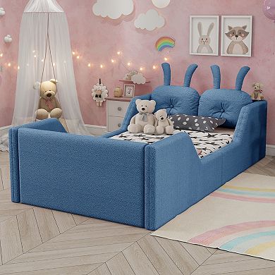 GOODSILO Twin Size Upholstered Floor Bed with Removable Safety Rails and Cushions
