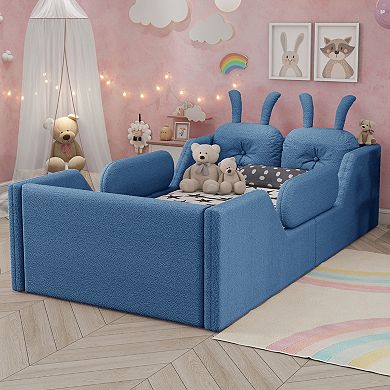 GOODSILO Twin Size Upholstered Floor Bed with Removable Safety Rails and Cushions