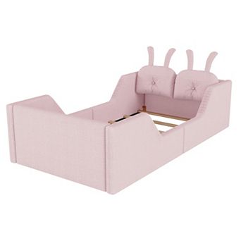 GOODSILO Twin Size Upholstered Floor Bed with Removable Safety Rails and Cushions
