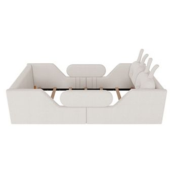 GOODSILO Twin Size Upholstered Floor Bed with Removable Safety Rails and Cushions