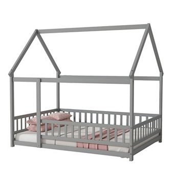 GOODSILO Full Size Floor Bed with Roof Frame and Safety Guardrails