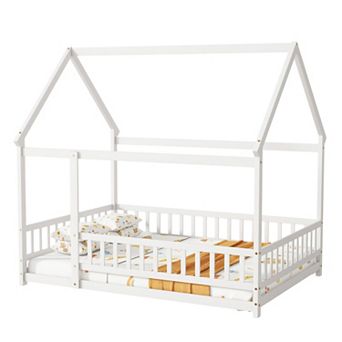GOODSILO Full Size Floor Bed with Roof Frame and Safety Guardrails