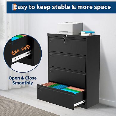 Secure 4-Drawer Lateral File Cabinet Heavy Duty Steel Filing Storage for Office & Home, Lockable