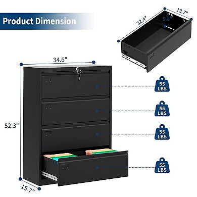 Secure 4-Drawer Lateral File Cabinet Heavy Duty Steel Filing Storage for Office & Home, Lockable