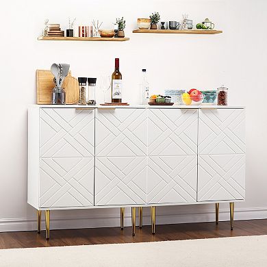 Modern Buffet Sideboard Cabinet with Embossed Doors, Gold Handles & Legs, Adjustable Storage Shelves
