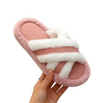 Women's Faux Fur Cross-Band Slippers Soft Indoor Slides for Winter Lounging, Bedroom