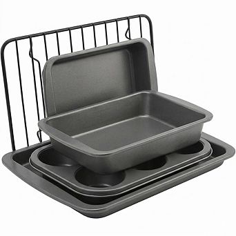 4 pc Nonstick Steel Toaster Oven Bakeware Set with Pan, Rack & Muffin Tray