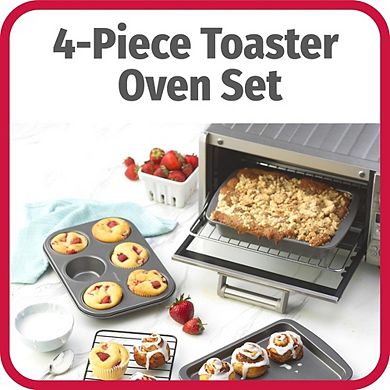 4-Piece Nonstick Steel Toaster Oven Bakeware Set with Pan, Rack & Muffin Tray