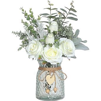 Artificial Silk Roses with Vase Faux Eucalyptus Flower Arrangement for Home, Office & Table Decor