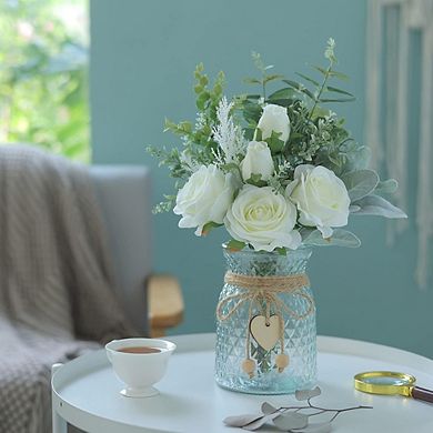 Artificial Silk Roses with Vase Faux Eucalyptus Flower Arrangement for Home, Office & Table Decor