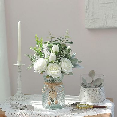 Artificial Silk Roses with Vase Faux Eucalyptus Flower Arrangement for Home, Office & Table Decor