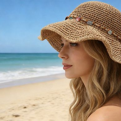 Womens Woven Straw Sun Hat with Beaded Band and Floppy Brim