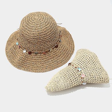 Womens Woven Straw Sun Hat with Beaded Band and Floppy Brim