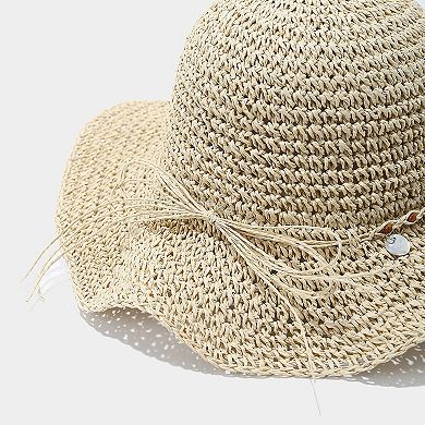 Womens Woven Straw Sun Hat with Beaded Band and Floppy Brim