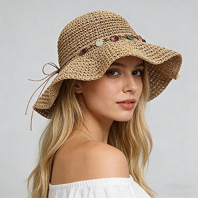 Womens Woven Straw Sun Hat with Beaded Band and Floppy Brim