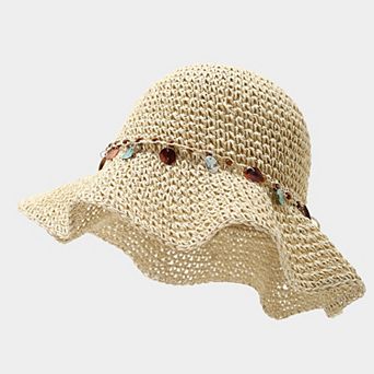 Womens Woven Straw Sun Hat with Beaded Band and Floppy Brim