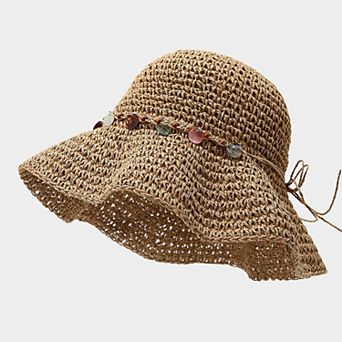 Womens Woven Straw Sun Hat with Beaded Band and Floppy Brim