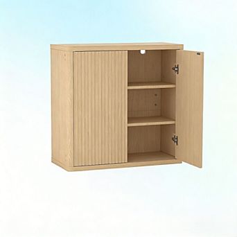 3 tier Buffet Cabinet - Natural Oak Finish, Adjustable Shelves & Fluted Doors