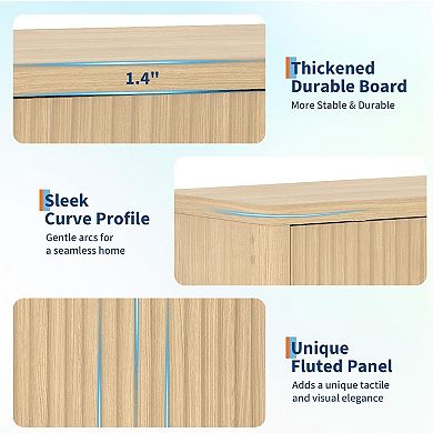 3-Tier Buffet Cabinet - Natural Oak Finish, Adjustable Shelves & Fluted Doors