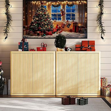 3-Tier Buffet Cabinet - Natural Oak Finish, Adjustable Shelves & Fluted Doors