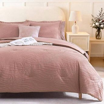 Comforter Set - 7 pc Dusty Pink Bedding, Botanical Design, Breathable Microfiber
