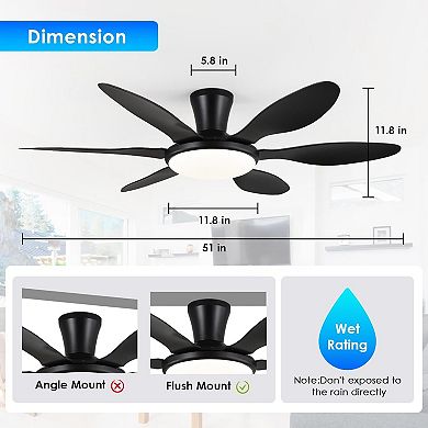 51 Inch Modern Ceiling Fan,Low Profile LED Light,Quiet DC Motor,Smart App Remote