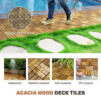 WOW PIONEER Interlocking Acacia Hardwood Deck Tiles for Outdoor Patio and Poolside Flooring