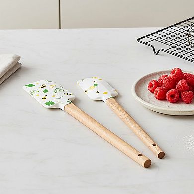 Silicone Spatula Set with Wooden Handles Bee Print Heat Resistant Kitchen Baking Tools 2 Piece