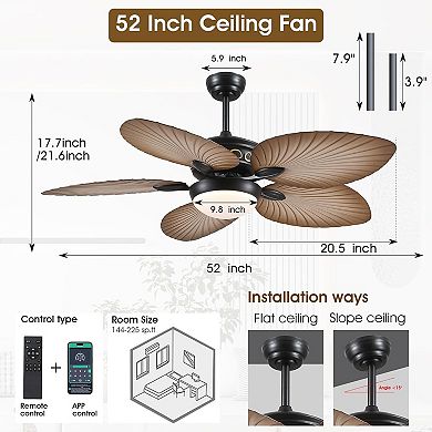 Tropical Palm Leaf Ceiling Fan with LED Light, DC Motor, App and Remote, Indoor Outdoor Use