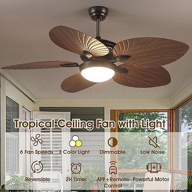 Tropical Palm Leaf Ceiling Fan with LED Light, DC Motor, App and Remote, Indoor Outdoor Use