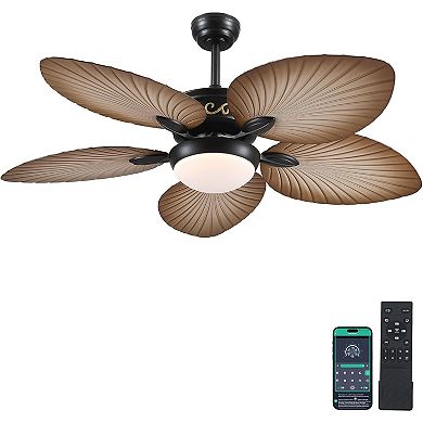 Tropical Palm Leaf Ceiling Fan with LED Light, DC Motor, App and Remote, Indoor Outdoor Use